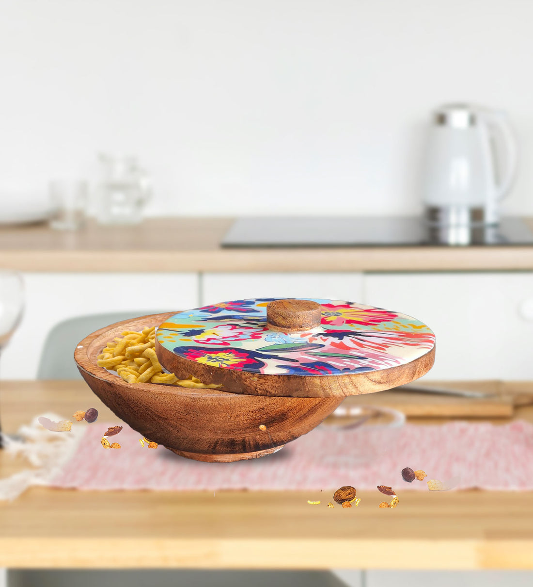 Abstract Floral Mango Wood Serving Bowl with Lid