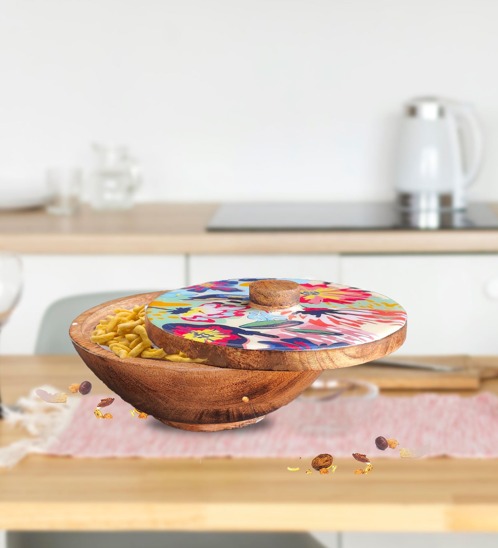 Abstract Floral Mango Wood Serving Bowl with Lid