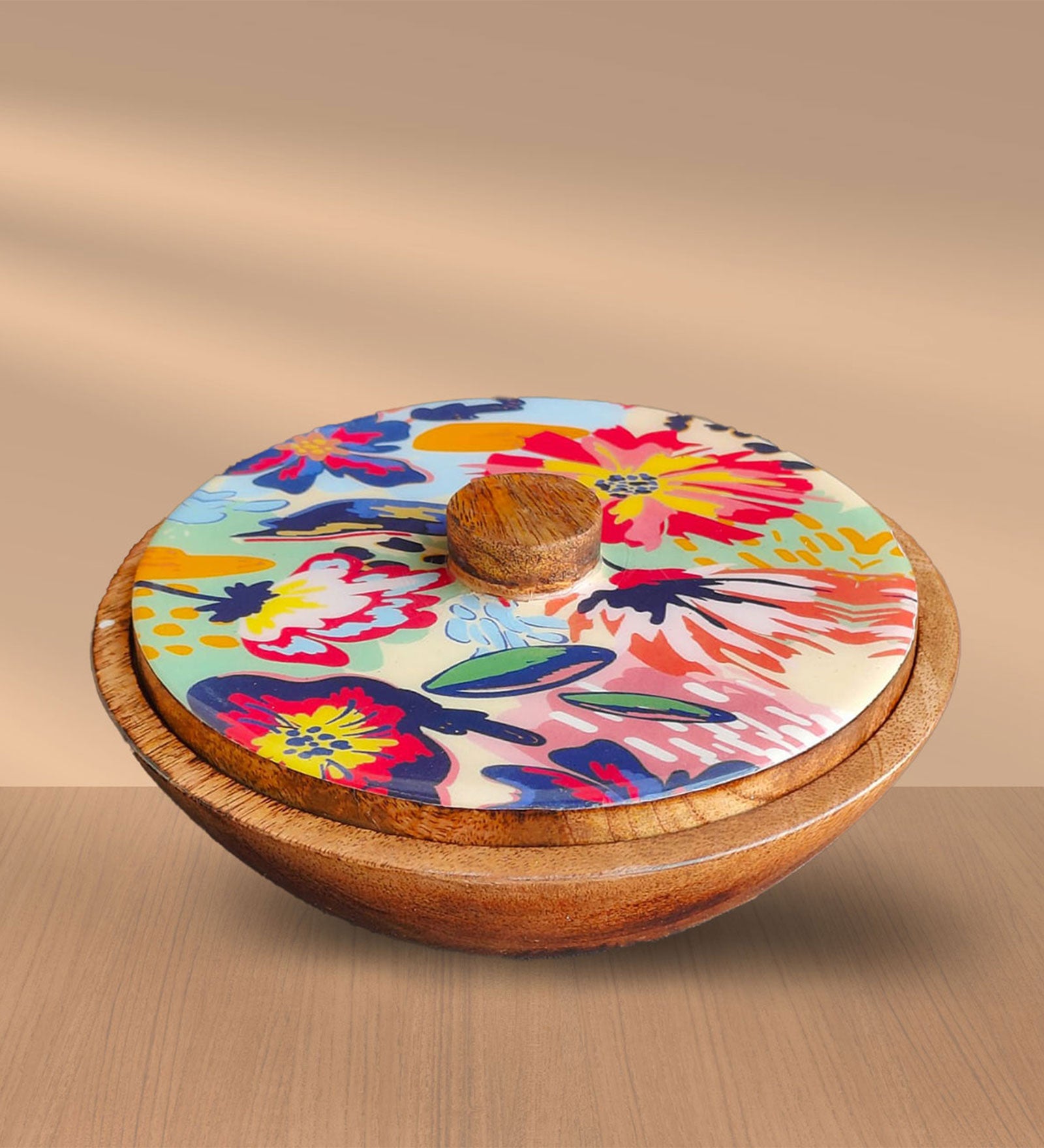 Abstract Floral Mango Wood Serving Bowl with Lid