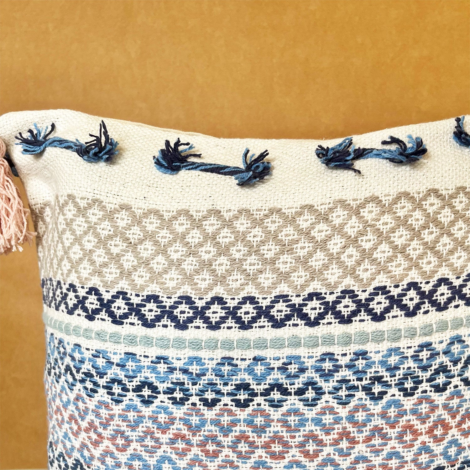 White & Blue Pure Cotton Cushion Cover with Tassels- 18 x 18 inches