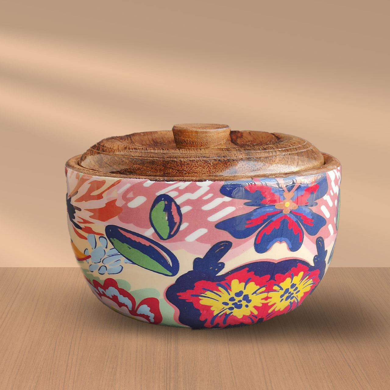 Abstract Floral Mango Wood Salad Bowl with Lid