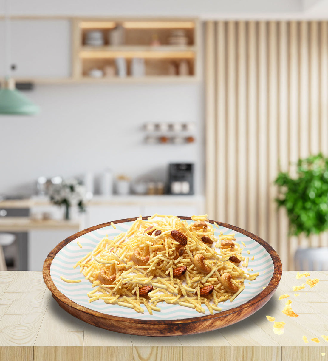 Gentle Waves Sea Green Round Mango Wood Platter With Enamel Finish | Peacoy