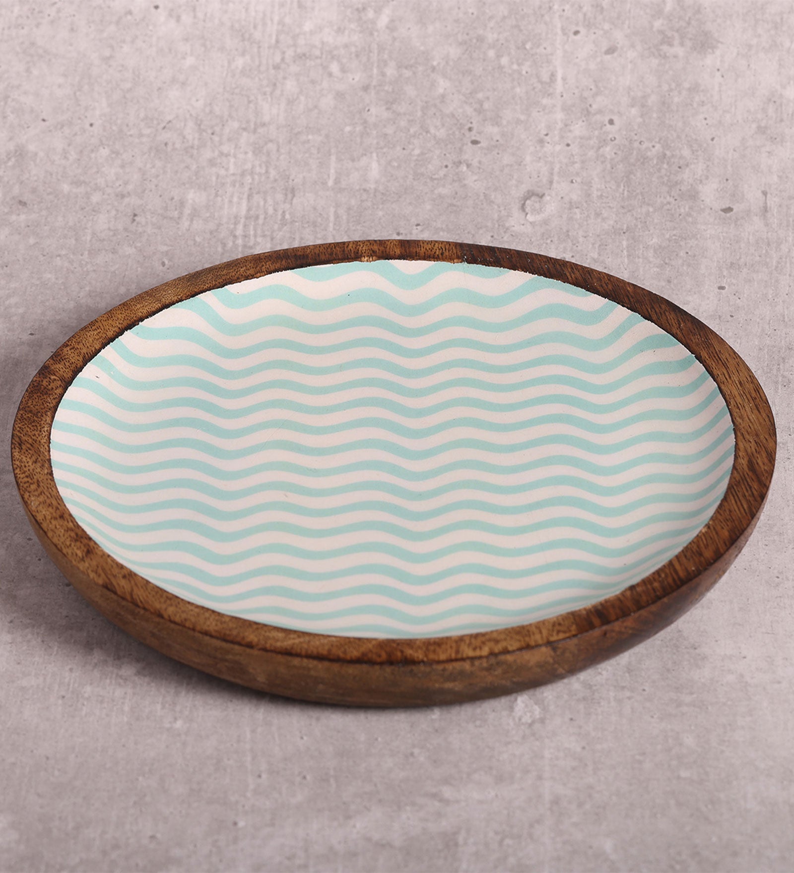 Gentle Waves Sea Green Round Mango Wood Platter With Enamel Finish | Peacoy