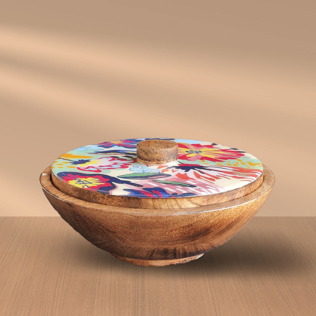 Abstract Floral Mango Wood Serving Bowl with Lid