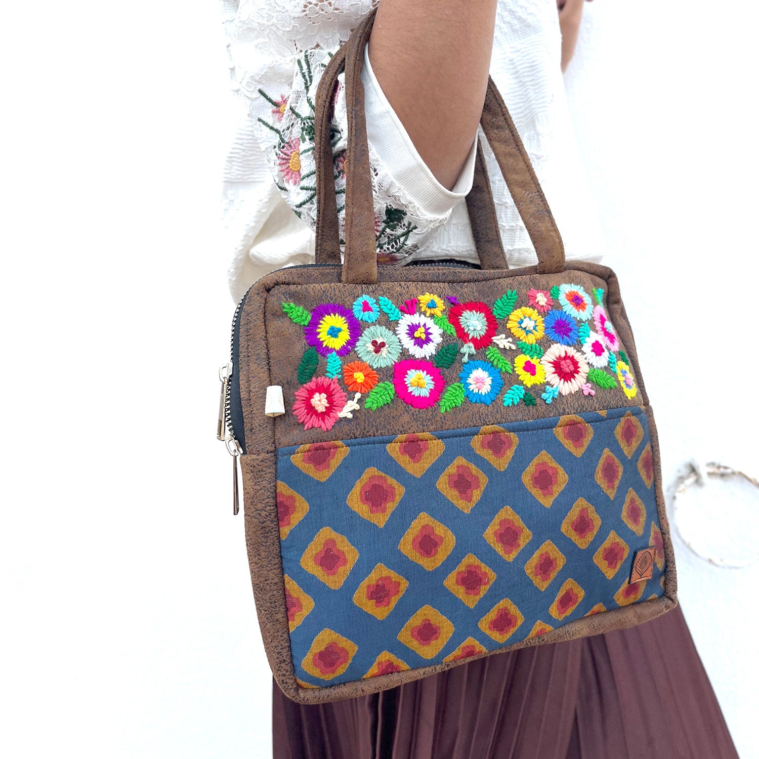 Fresh Dazzle Suede Leather Finish Floral Embroidery Handbag / Shoulder Bag - 8 x 10 x 11 inches | Peacoy