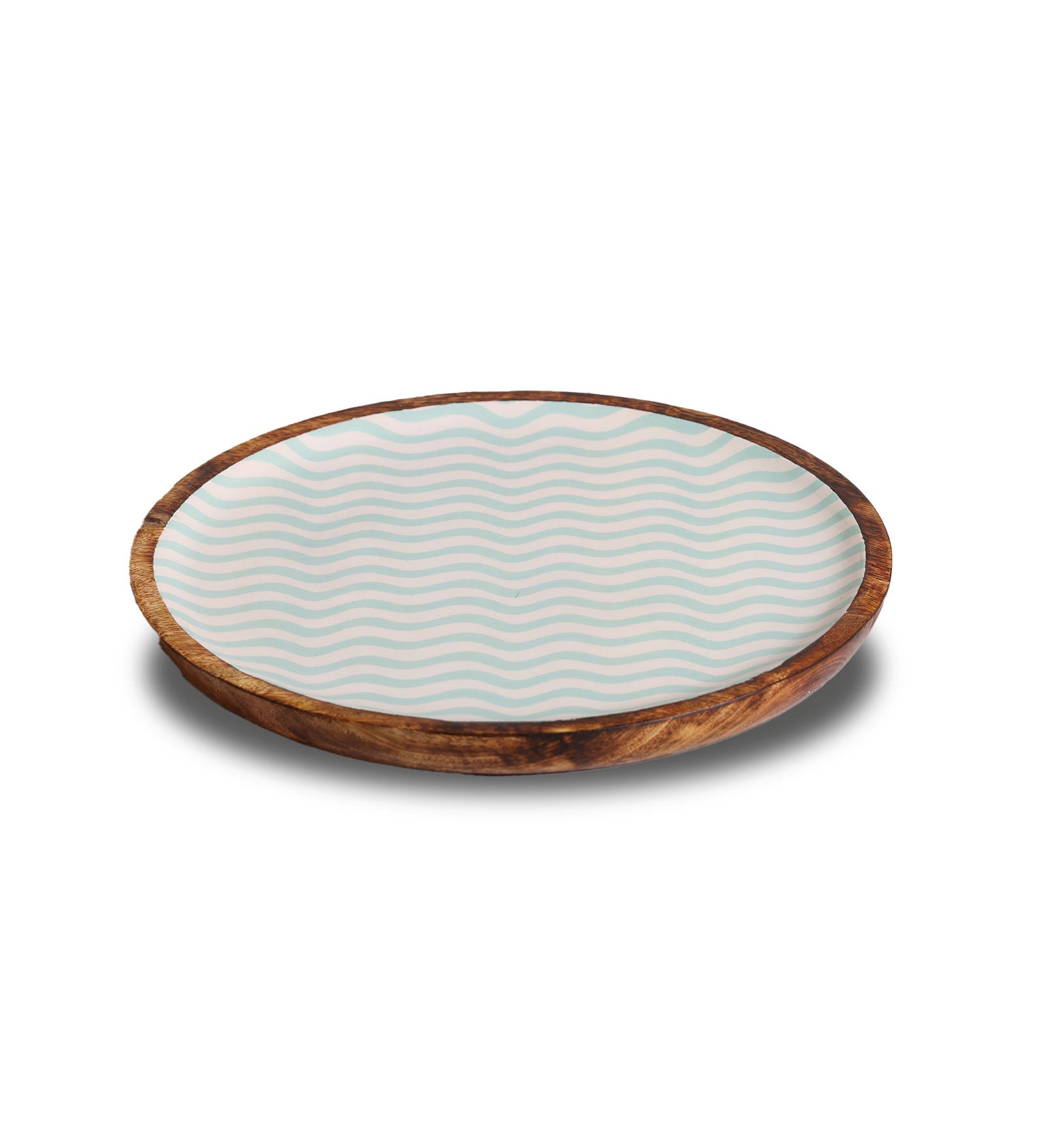 Gentle Waves Sea Green Round Mango Wood Platter With Enamel Finish | Peacoy