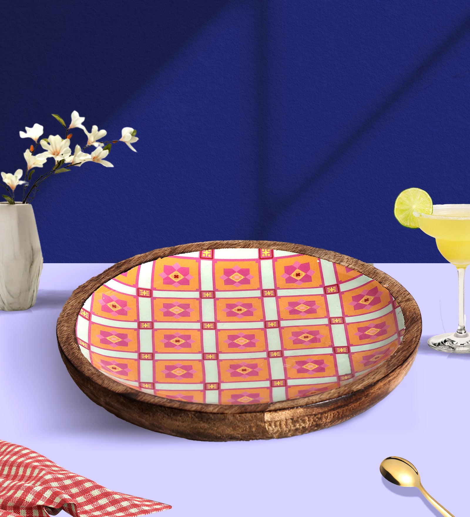 Pretty Pink Floral Charm Round Mango Wood Platter with Enamel Finish | Peacoy