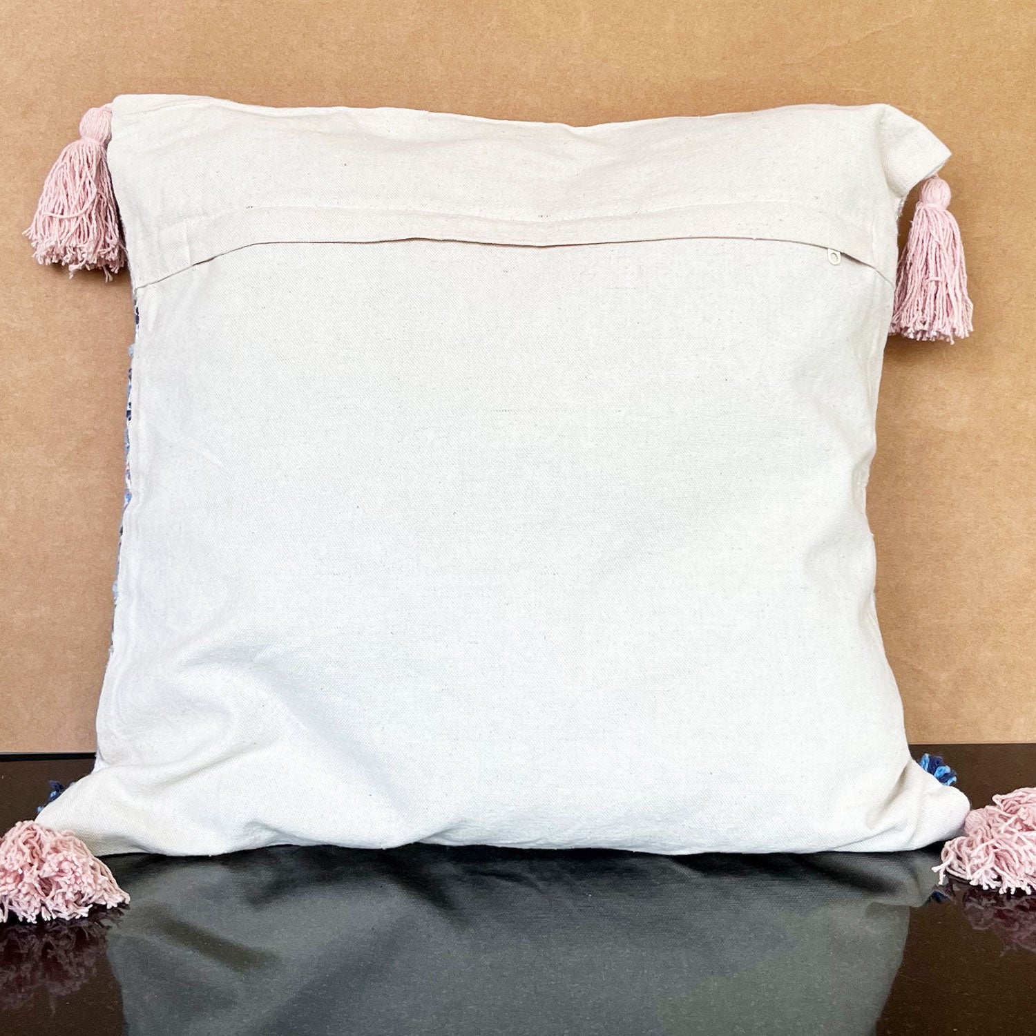 White & Blue Pure Cotton Cushion Cover with Tassels- 18 x 18 inches