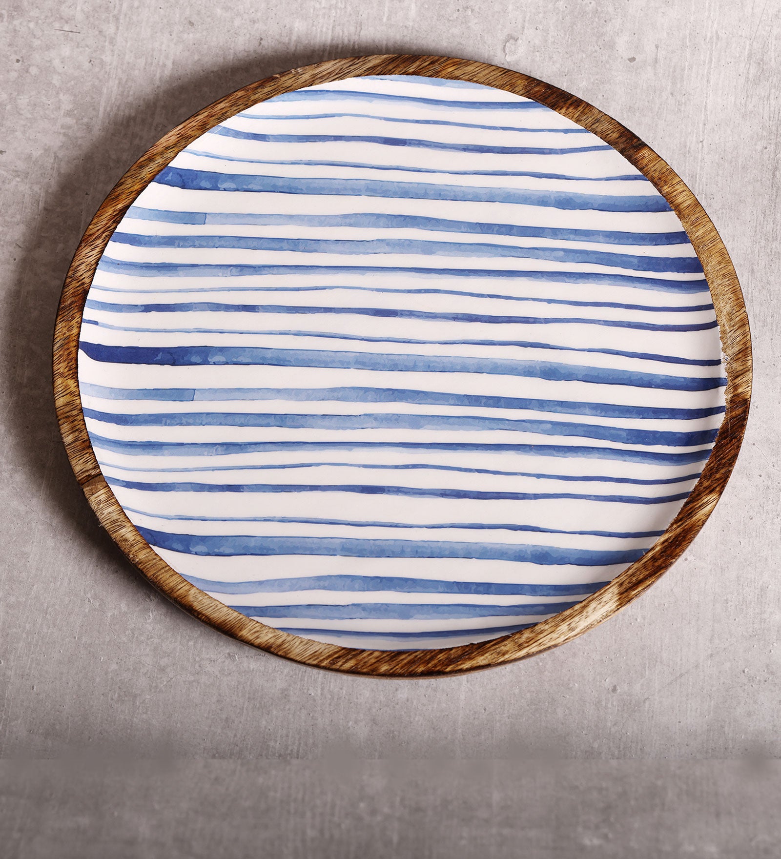 Stripe Love Blue Mango Wood Round Platter With Enamel Finish | Peacoy