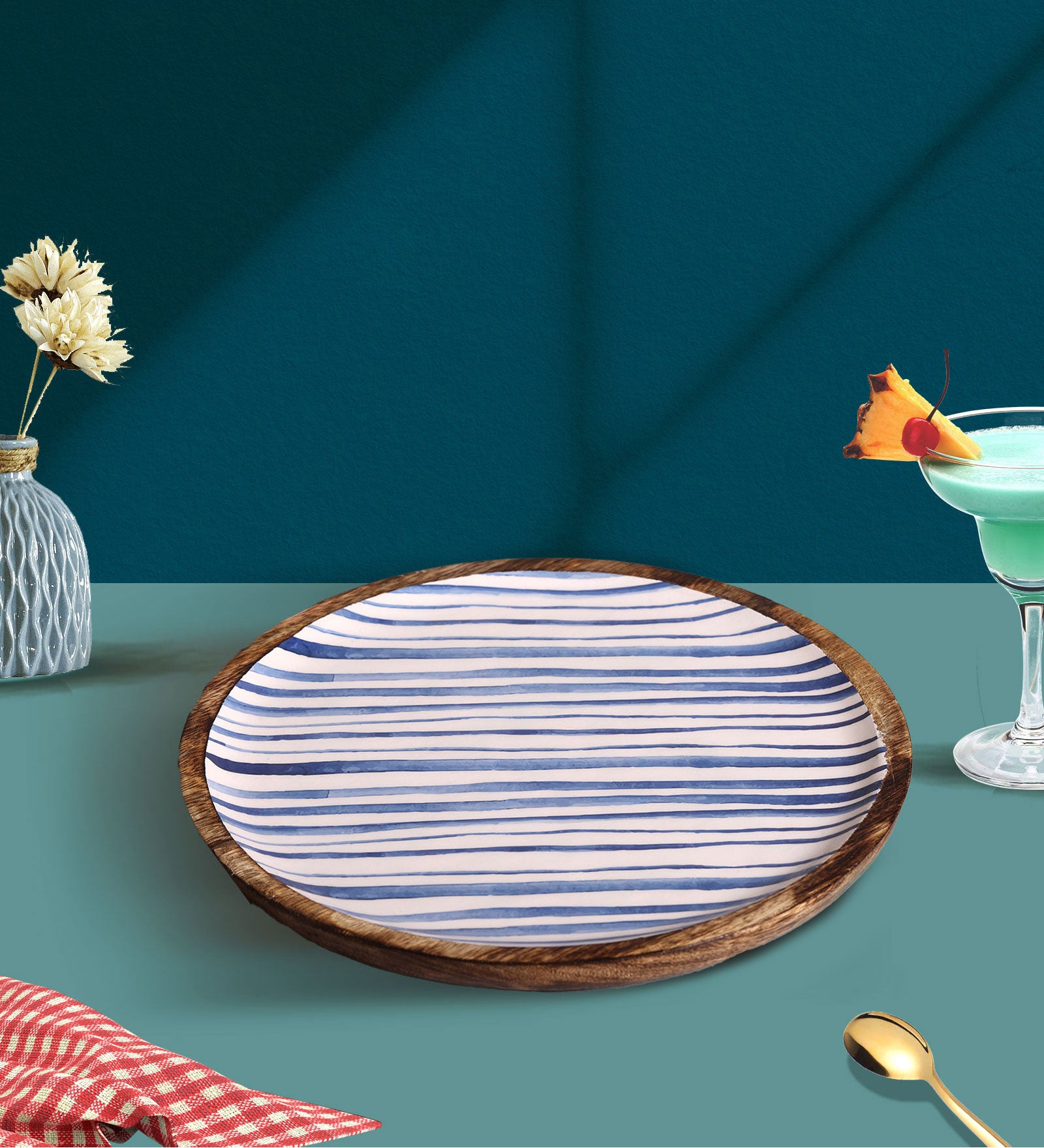 Stripe Love Blue Mango Wood Round Platter With Enamel Finish | Peacoy
