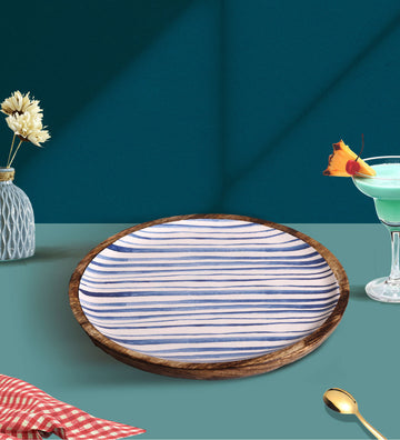 Stripe Love Blue Mango Wood Round Platter With Enamel Finish | Peacoy