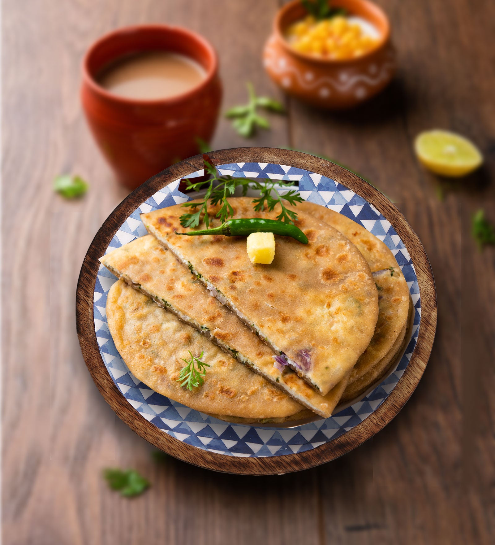Triangle Maze Blue Round Mango Wood Platter With Enamel Finish | Peacoy
