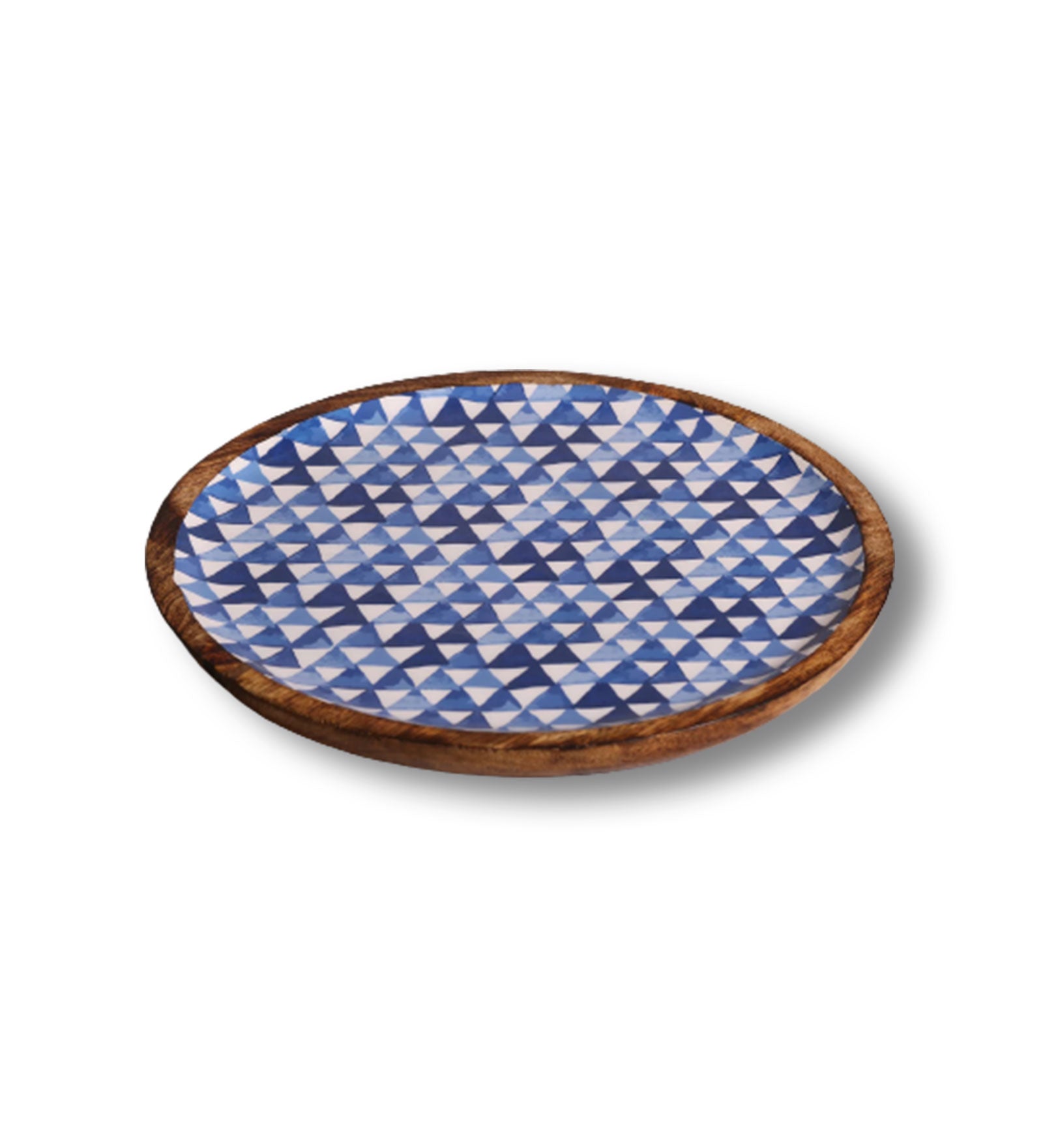 Triangle Maze Blue Round Mango Wood Platter With Enamel Finish | Peacoy