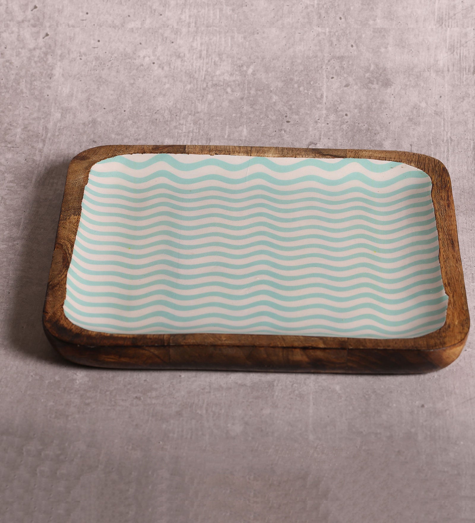 Gentle Waves Sea Green Square Mango Wood Platter With Enamel Finish - 10 x 10 inches | Peacoy