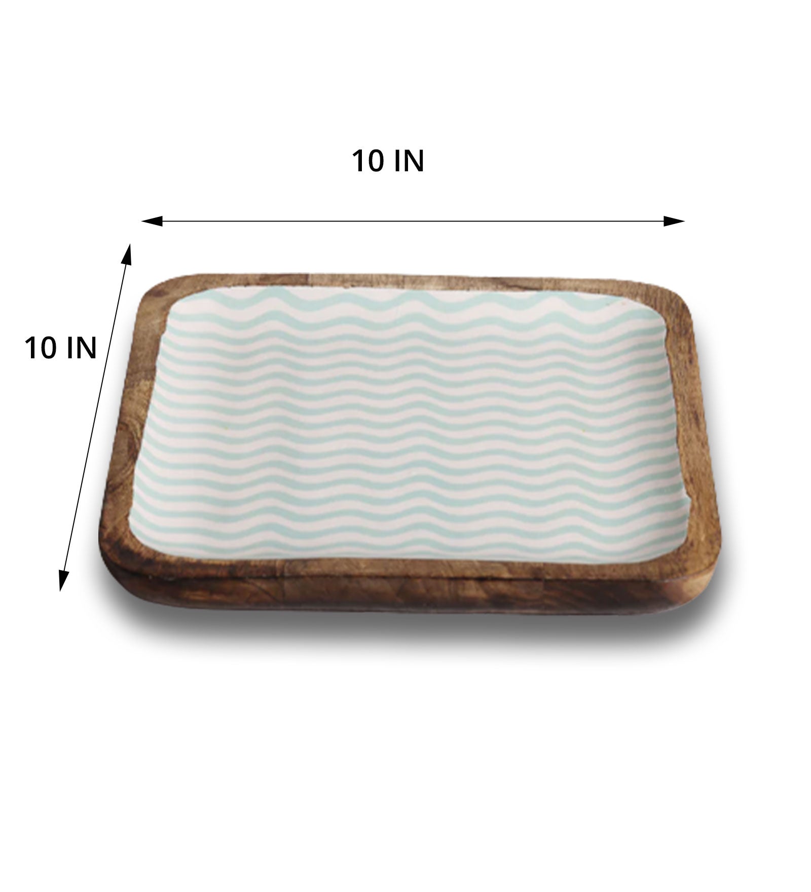 Gentle Waves Sea Green Square Mango Wood Platter With Enamel Finish - 10 x 10 inches | Peacoy