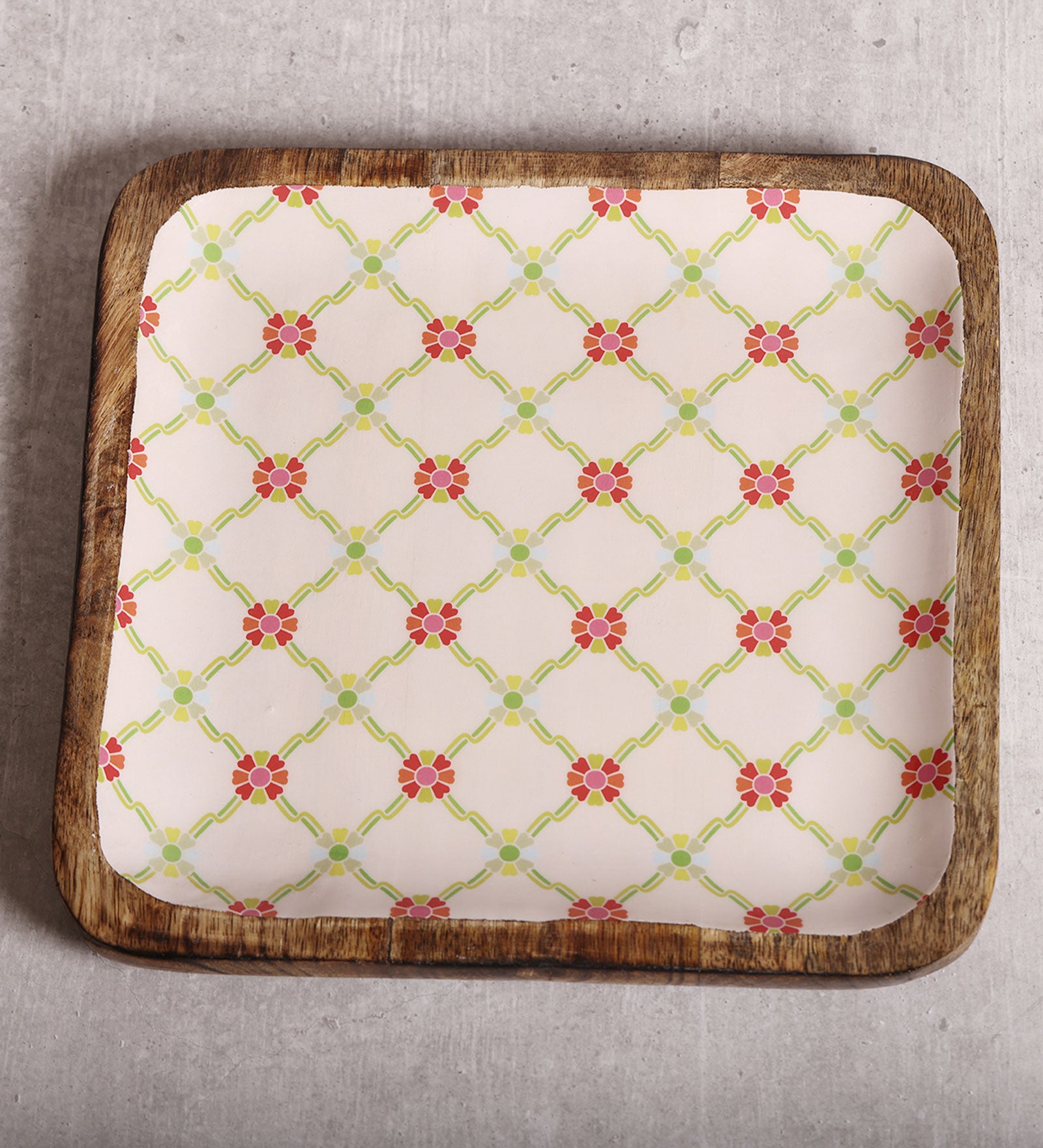 Sweet Flower Jaal Mango Wood Square Platter With Enamel Finish - 10 x 10 inches | Peacoy