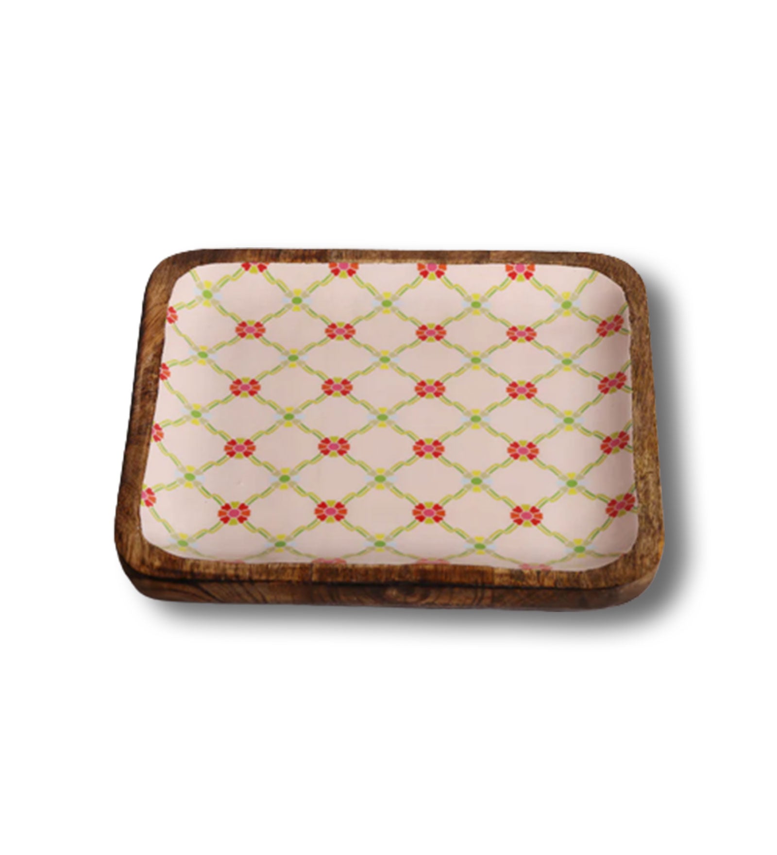 Sweet Flower Jaal Mango Wood Square Platter With Enamel Finish - 10 x 10 inches | Peacoy