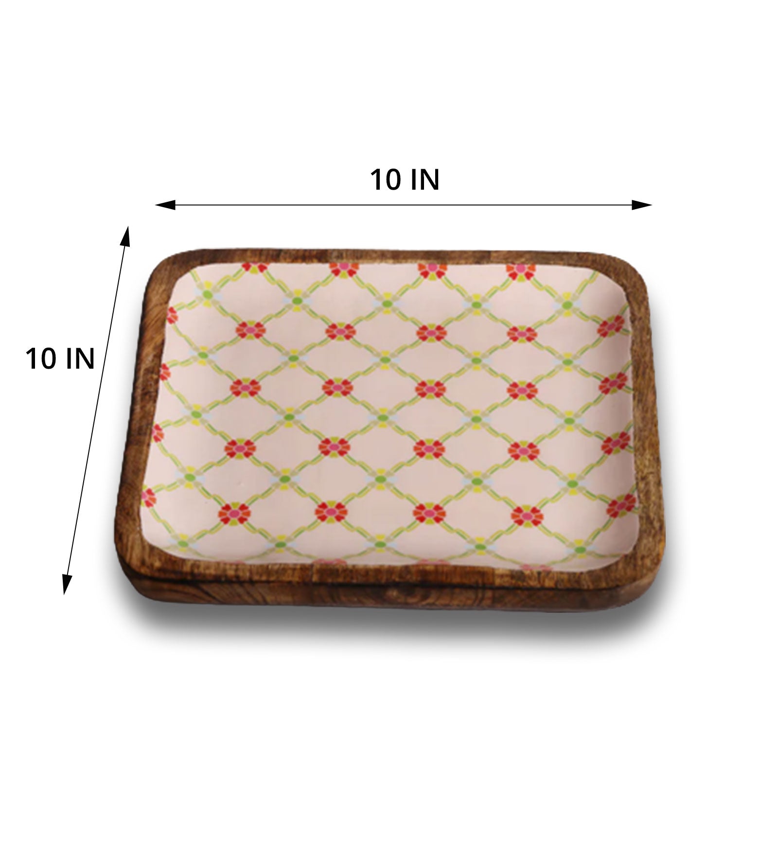Sweet Flower Jaal Mango Wood Square Platter With Enamel Finish - 10 x 10 inches | Peacoy