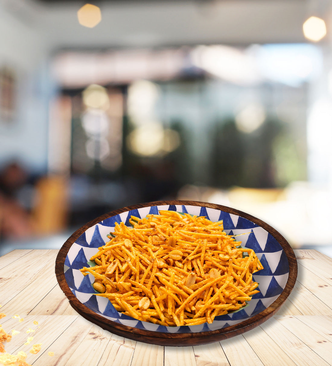 Boho Triangles Blue & White Round Mango Wood Platter With Enamel Finish | Peacoy