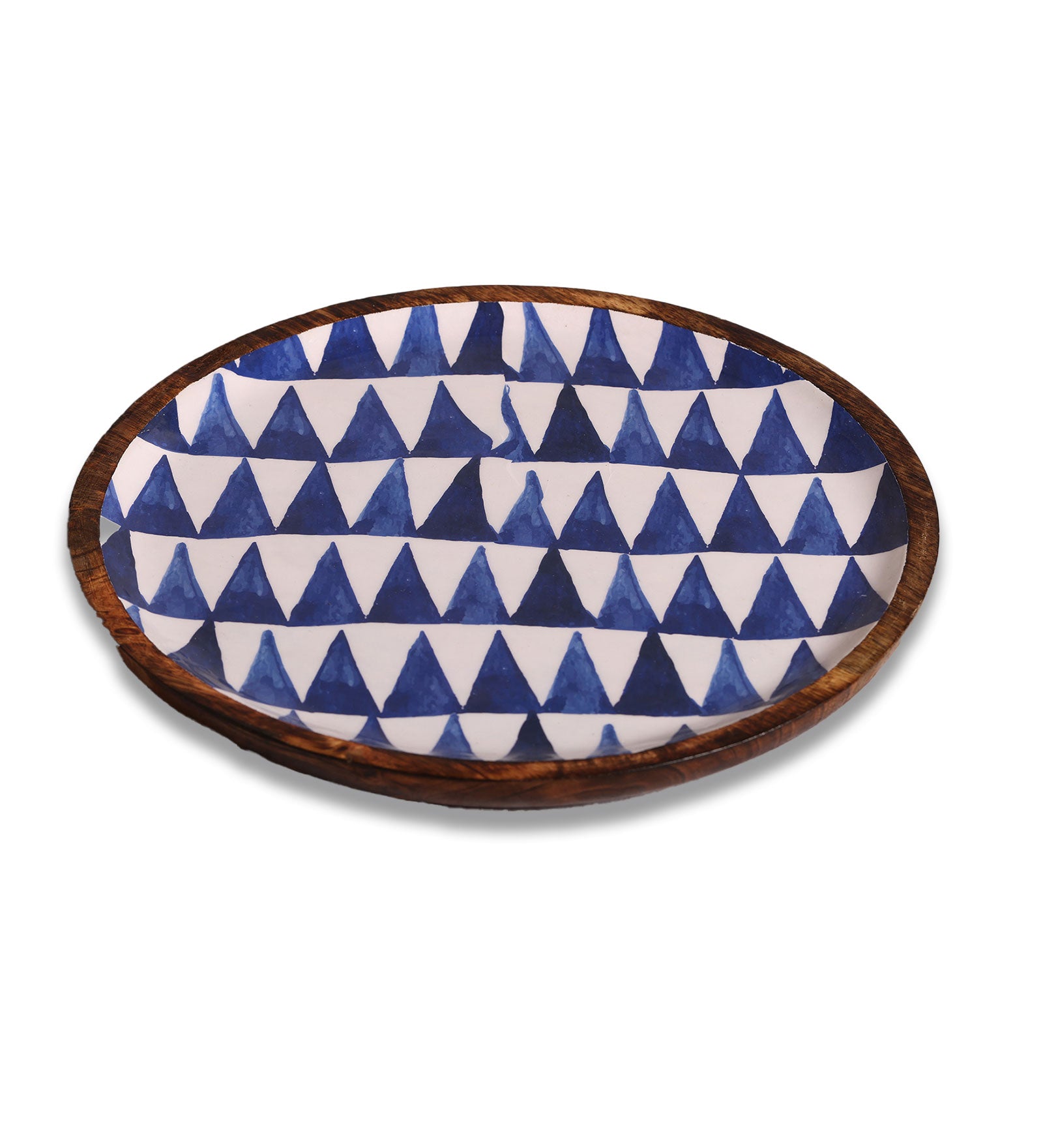 Boho Triangles Blue & White Round Mango Wood Platter With Enamel Finish | Peacoy