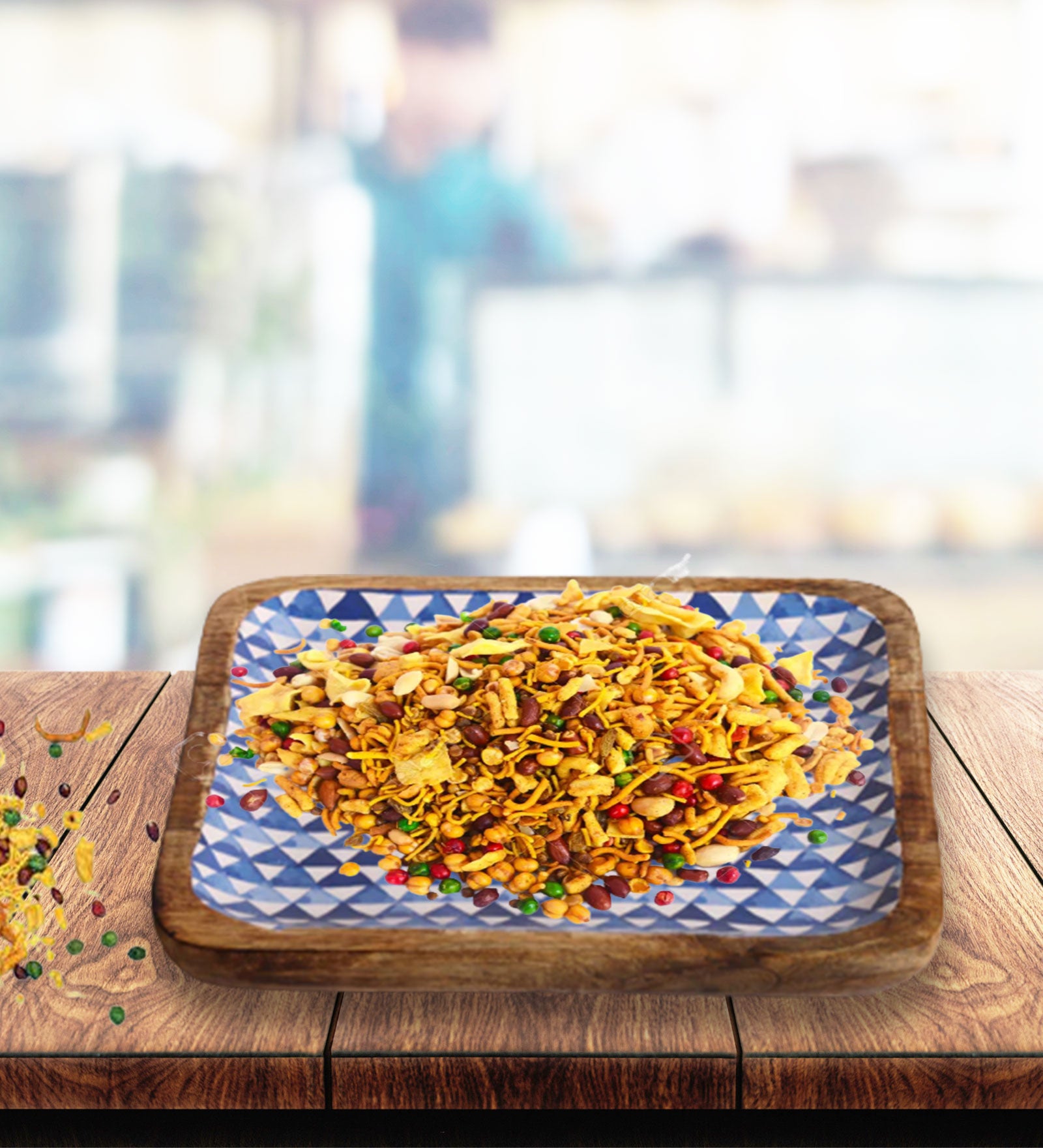 Triangle Maze Blue Square Mango Wood Platter With Enamel Finish - 10 x 10 inches | Peacoy