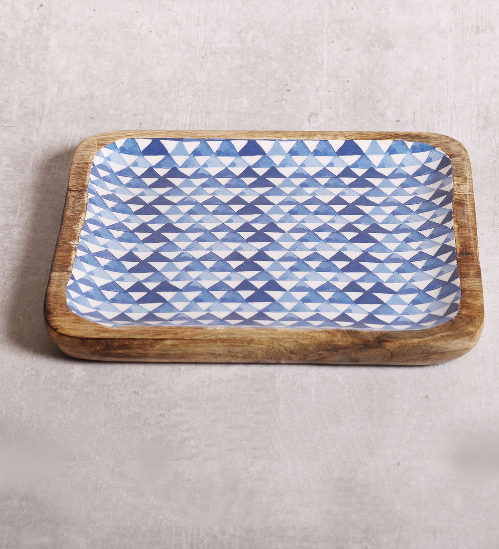 Triangle Maze Blue Square Mango Wood Platter With Enamel Finish - 10 x 10 inches | Peacoy