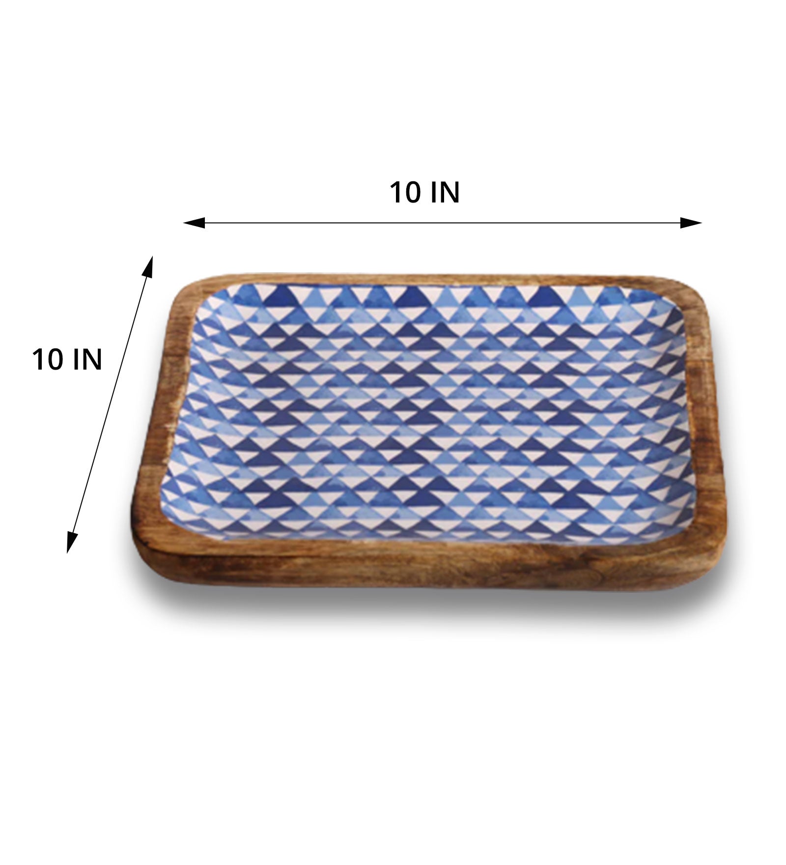 Triangle Maze Blue Square Mango Wood Platter With Enamel Finish - 10 x 10 inches | Peacoy