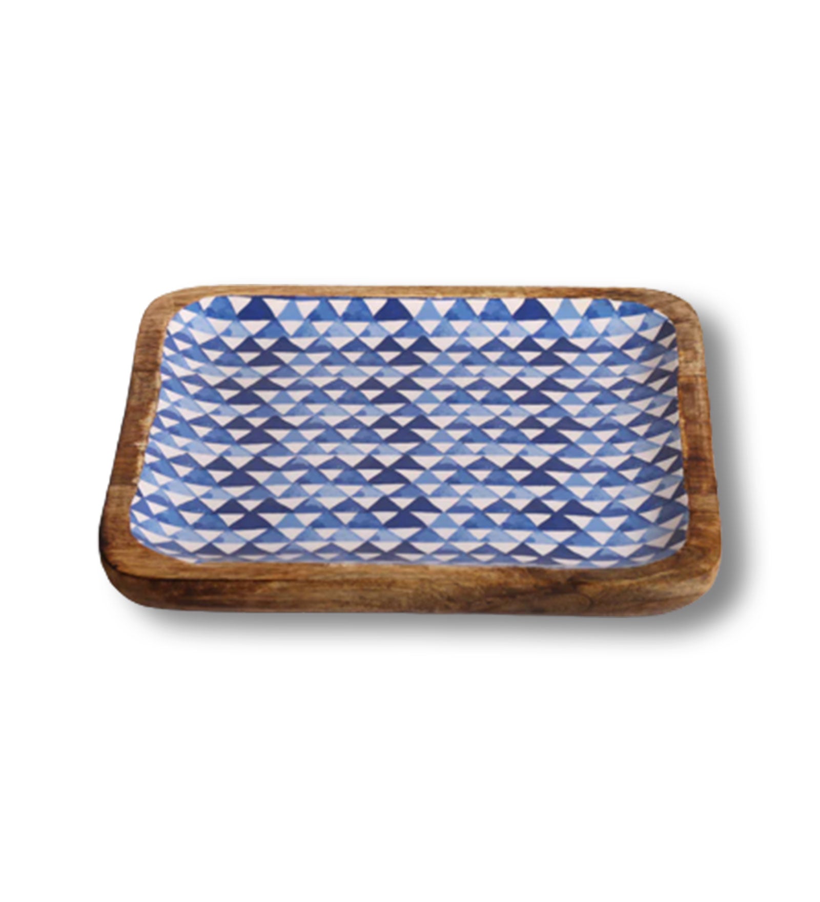 Triangle Maze Blue Square Mango Wood Platter With Enamel Finish - 10 x 10 inches | Peacoy