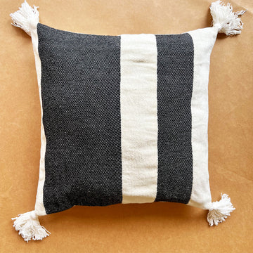 White & Black Pure Cotton Cushion Cover with Tassels- 18 x 18 inches