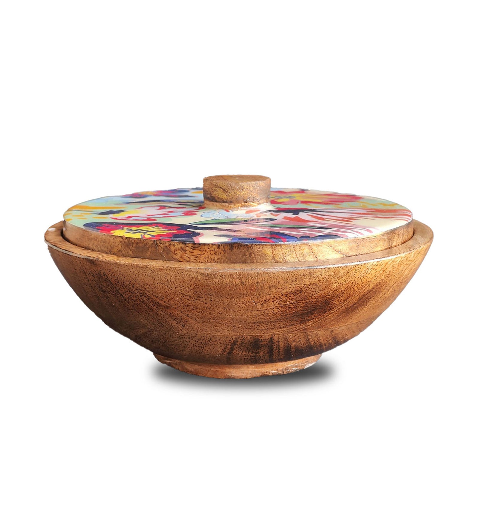 Abstract Floral Mango Wood Serving Bowl with Lid