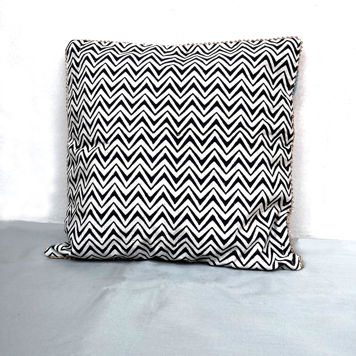 Zig-Zag Black & White Pure Cotton Cushion Cover - 16 x 16 inches
