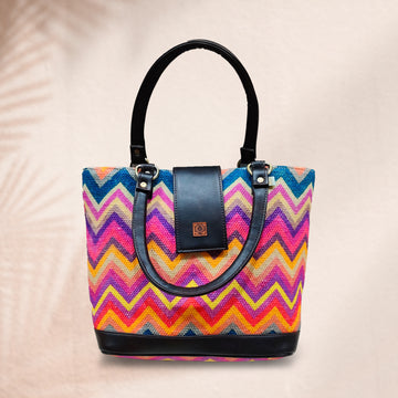 Vibrant Zigzags Multicolor 100 % Cotton Sustainable Hand Bag / Shoulder Bag  - 14 x 11 x 4 inches | Peacoy