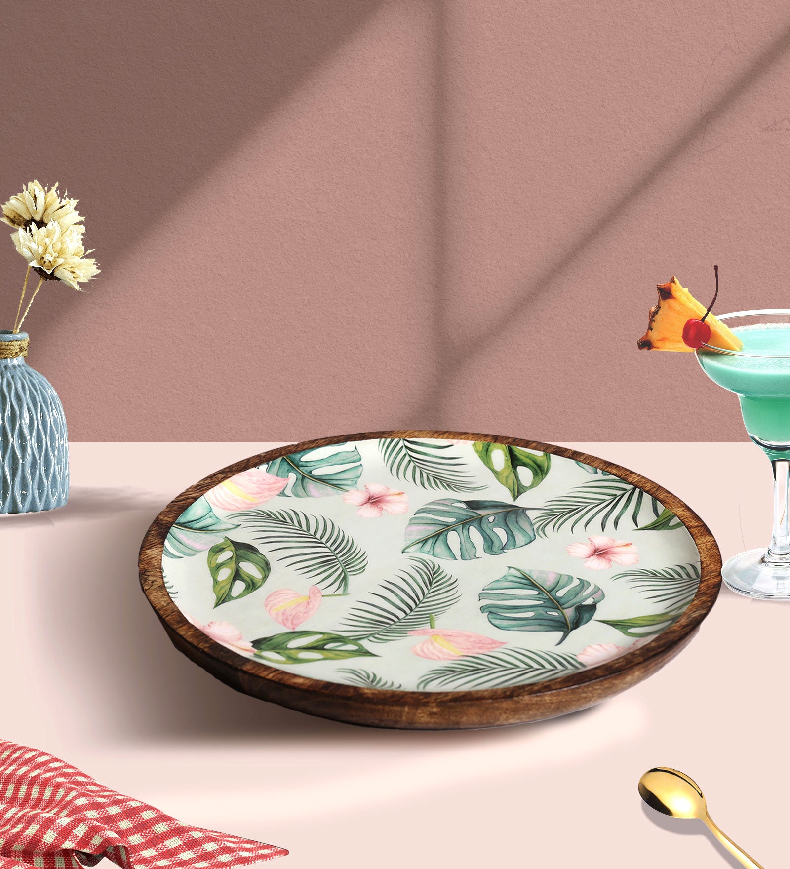 Tropical Vibes Round Mango Wood Platter With Enamel Finish | Peacoy
