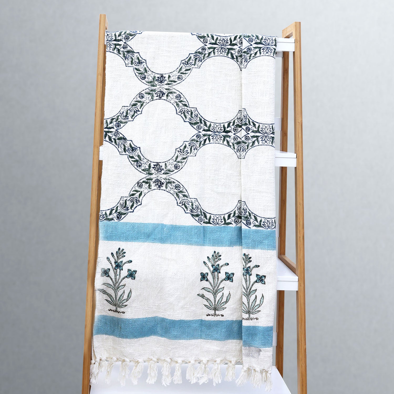 Traditional Flowers Blue & White  Block Printed 100% Cotton Throw (70 inches x 50 inches)