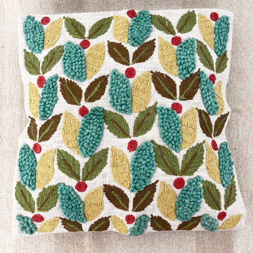 Green & Blue Leaves Pure Cotton Cushion Cover - 18 x 18 inches