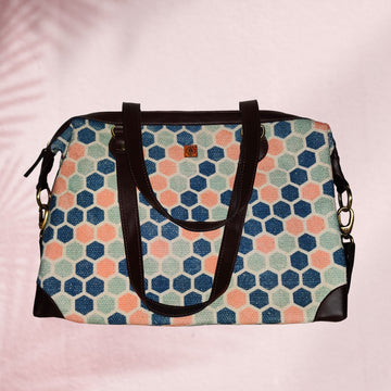 Style Goddess Honeycomb Printed Blue & Pink 100 % Cotton Sustainable Handbag / Shoulder Bag - 17 x 11 x 6 inches | Peacoy