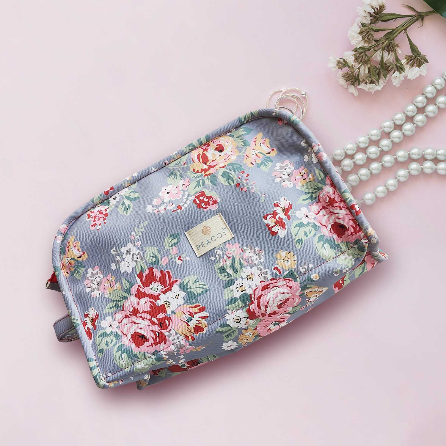 Blue Floral Essentials  Makeup Pouch, Cosmetic Bag Stylish Pouch for Makeup Accessories Travel Organiser Vanity Kit Stationery Toiletry Bag Make up Pouch for Girls and Women