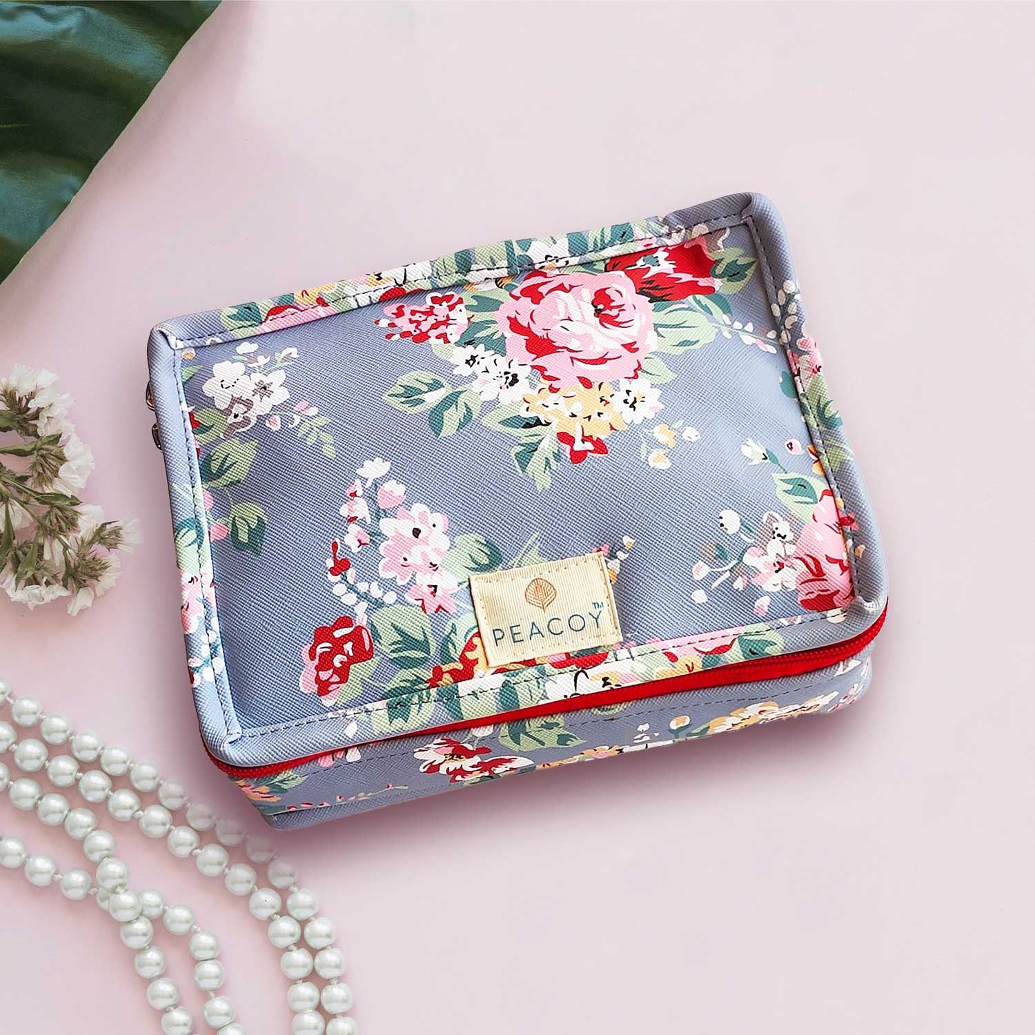 Blue floral rectangle Jewellery pouch | Peacoy