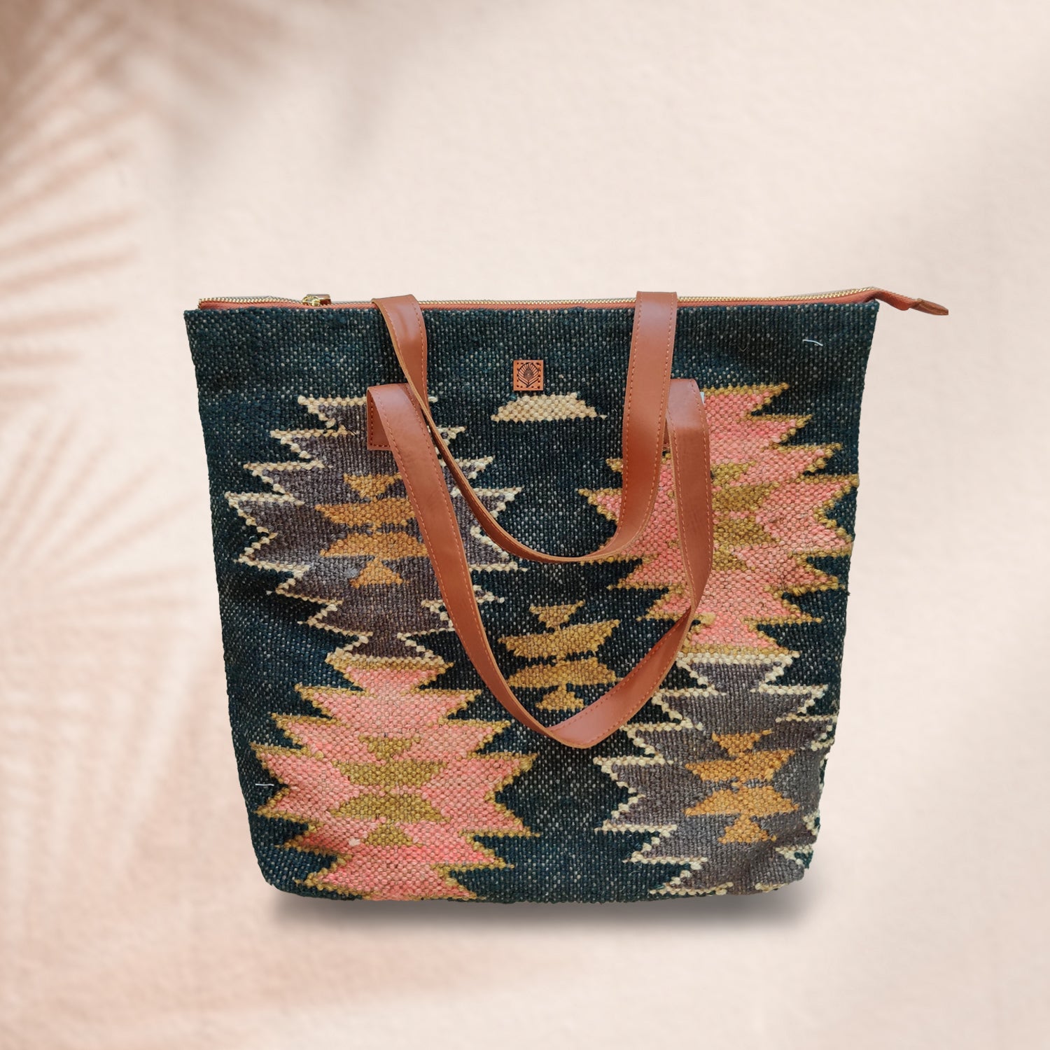 Aesthetic Fashion Kilim Jute & Cotton Handbag / Shoulder Bag - 16 x 15 x 5 inches | Peacoy