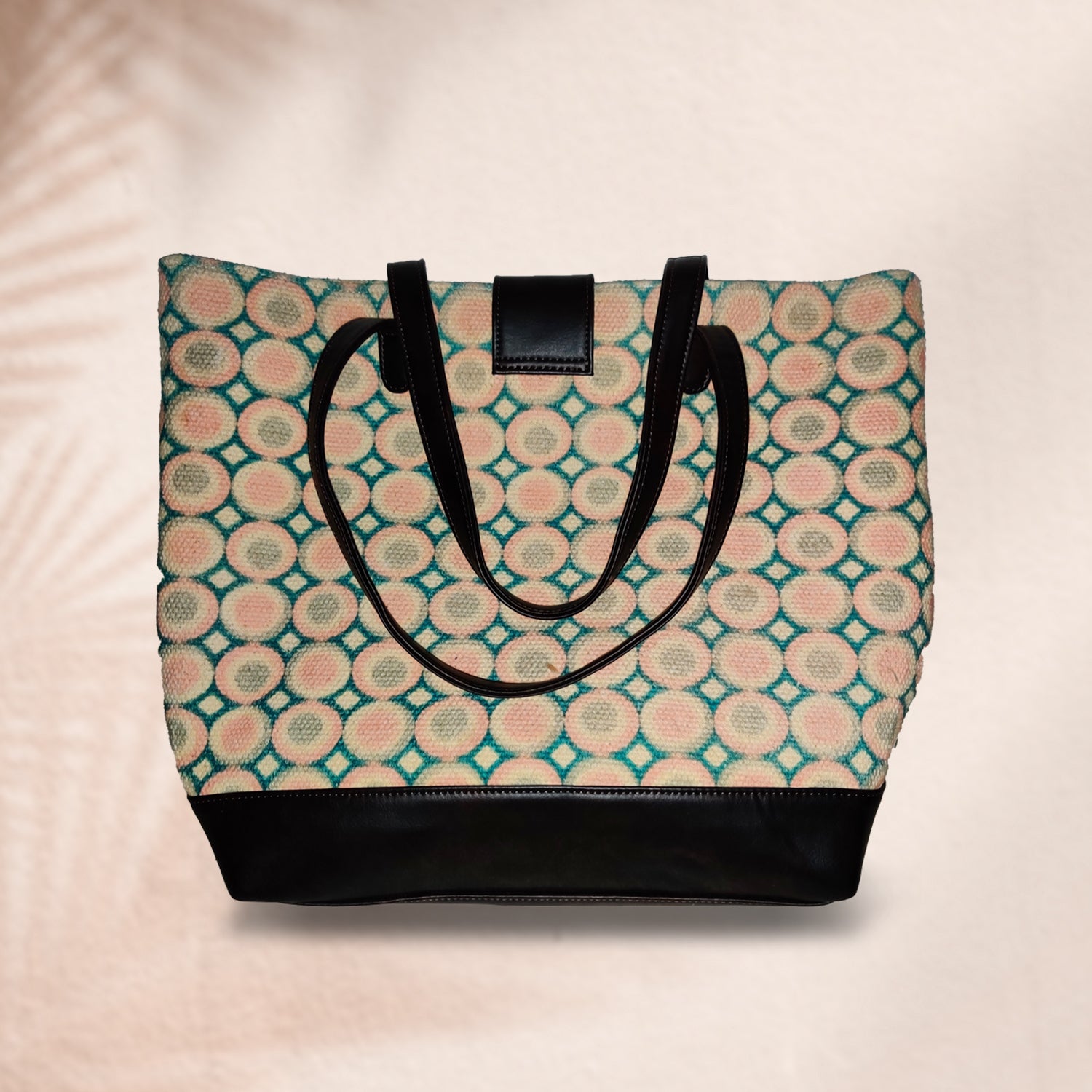 Sweet Love Pink & Green Circle Printed 100% Cotton Sustainable Hand Bag / Shoulder Bag  - 15 x 14 x 6 inches | Peacoy