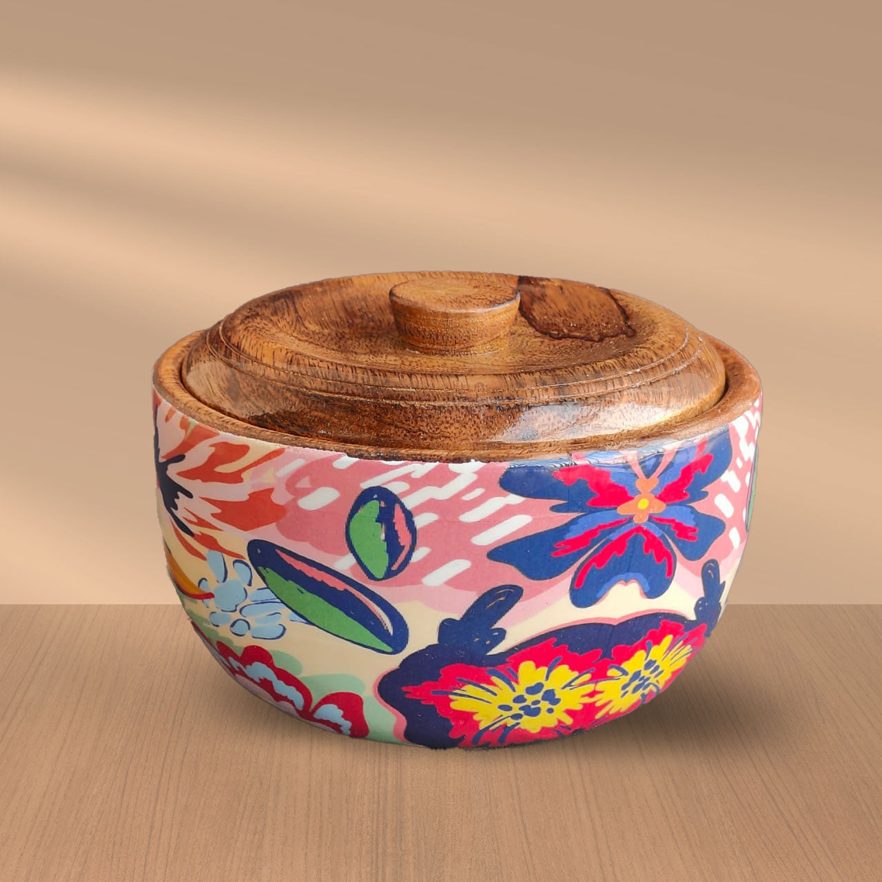Abstract Floral Mango Wood Salad Bowl with Lid