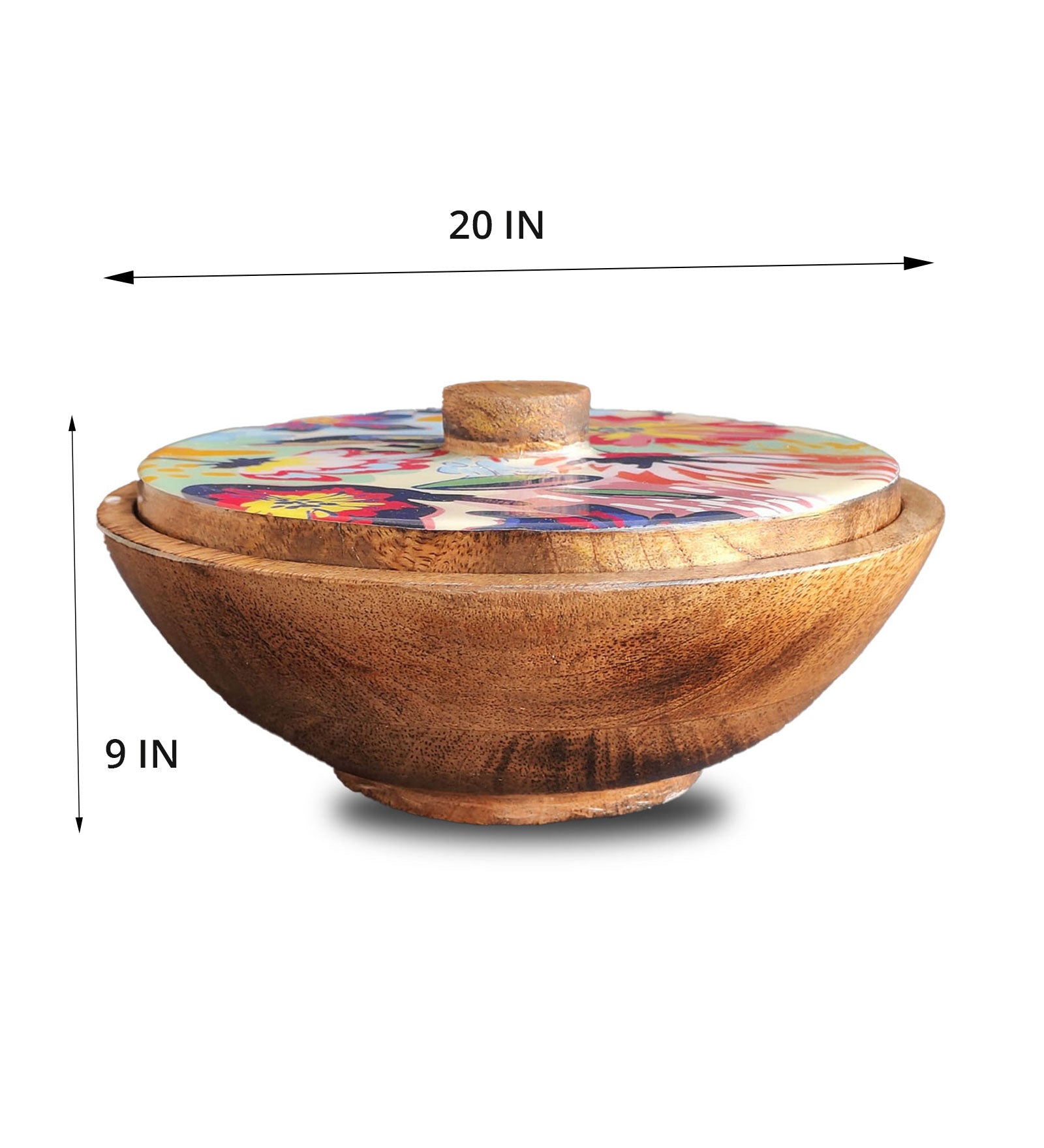Abstract Floral Mango Wood Serving Bowl with Lid