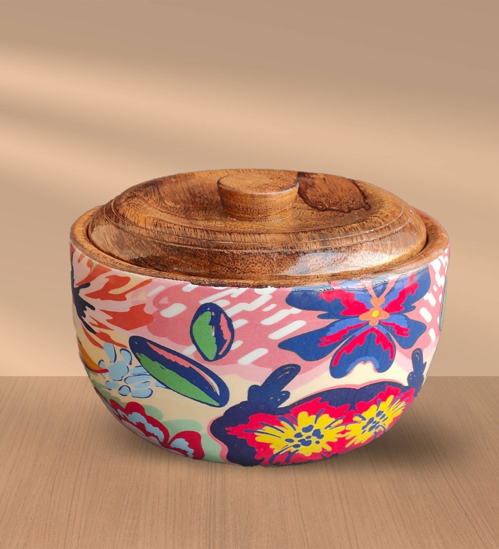 Abstract Floral Mango Wood Salad Bowl with Lid