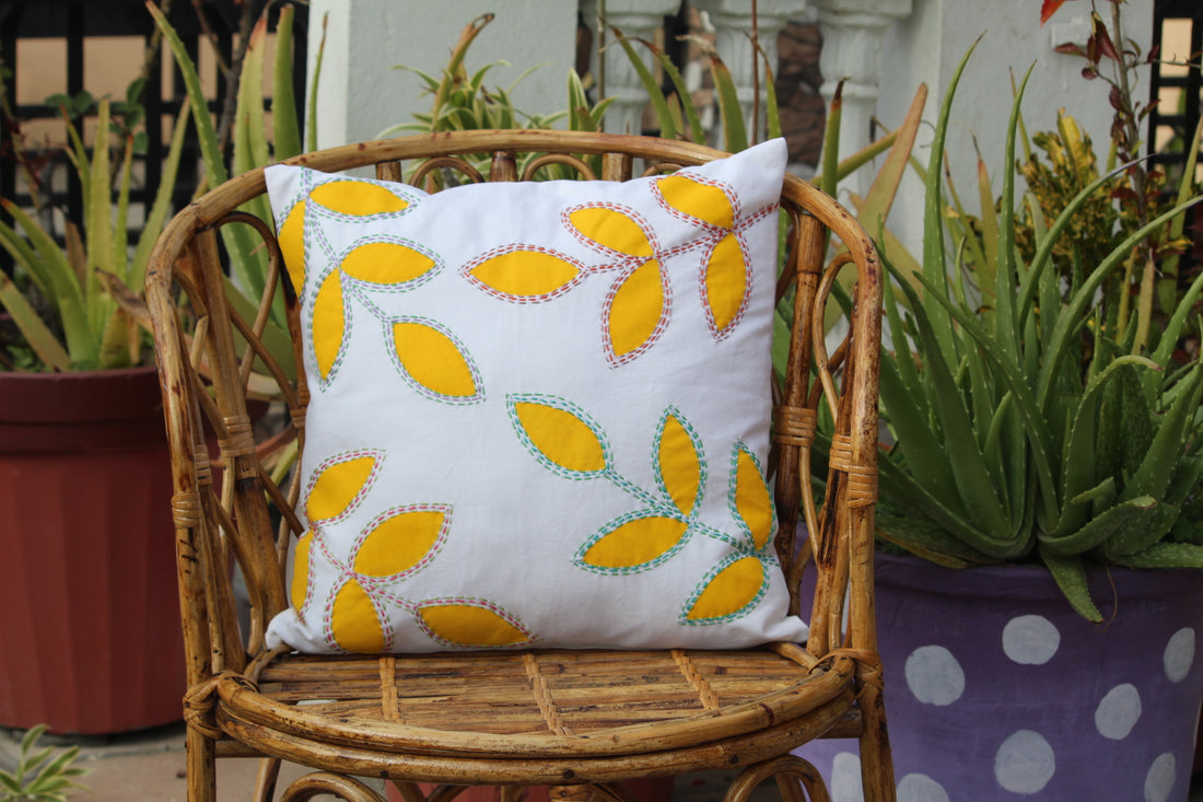 Sunshine Leaves White & Yellow 100 % Pure Cotton Cushion Cover - 16 x 16 inches | Peacoy