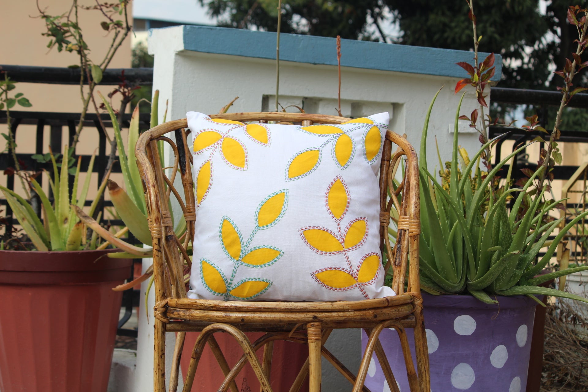 Sunshine Leaves White & Yellow 100 % Pure Cotton Cushion Cover - 16 x 16 inches | Peacoy