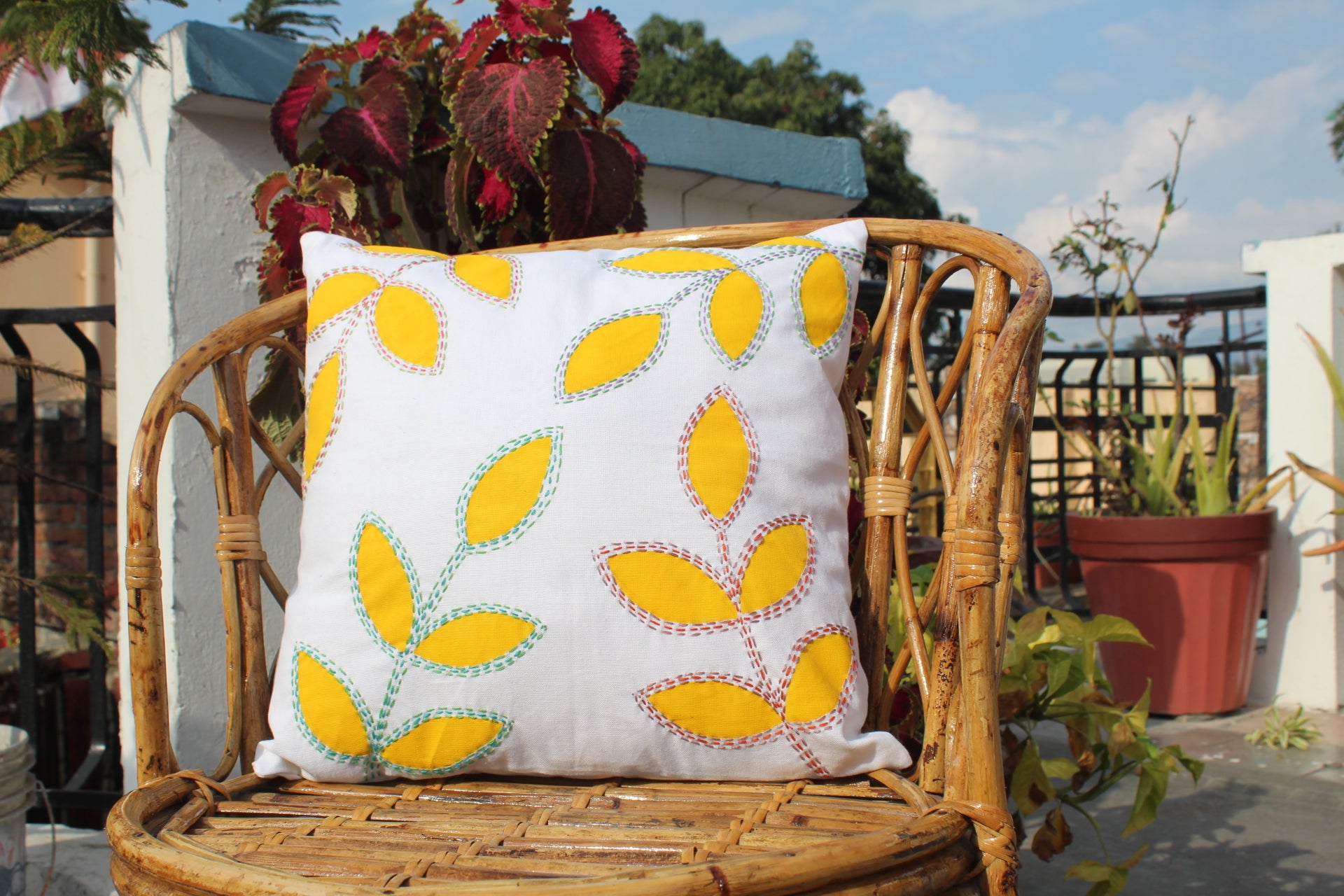 Sunshine Leaves White & Yellow 100 % Pure Cotton Cushion Cover - 16 x 16 inches | Peacoy