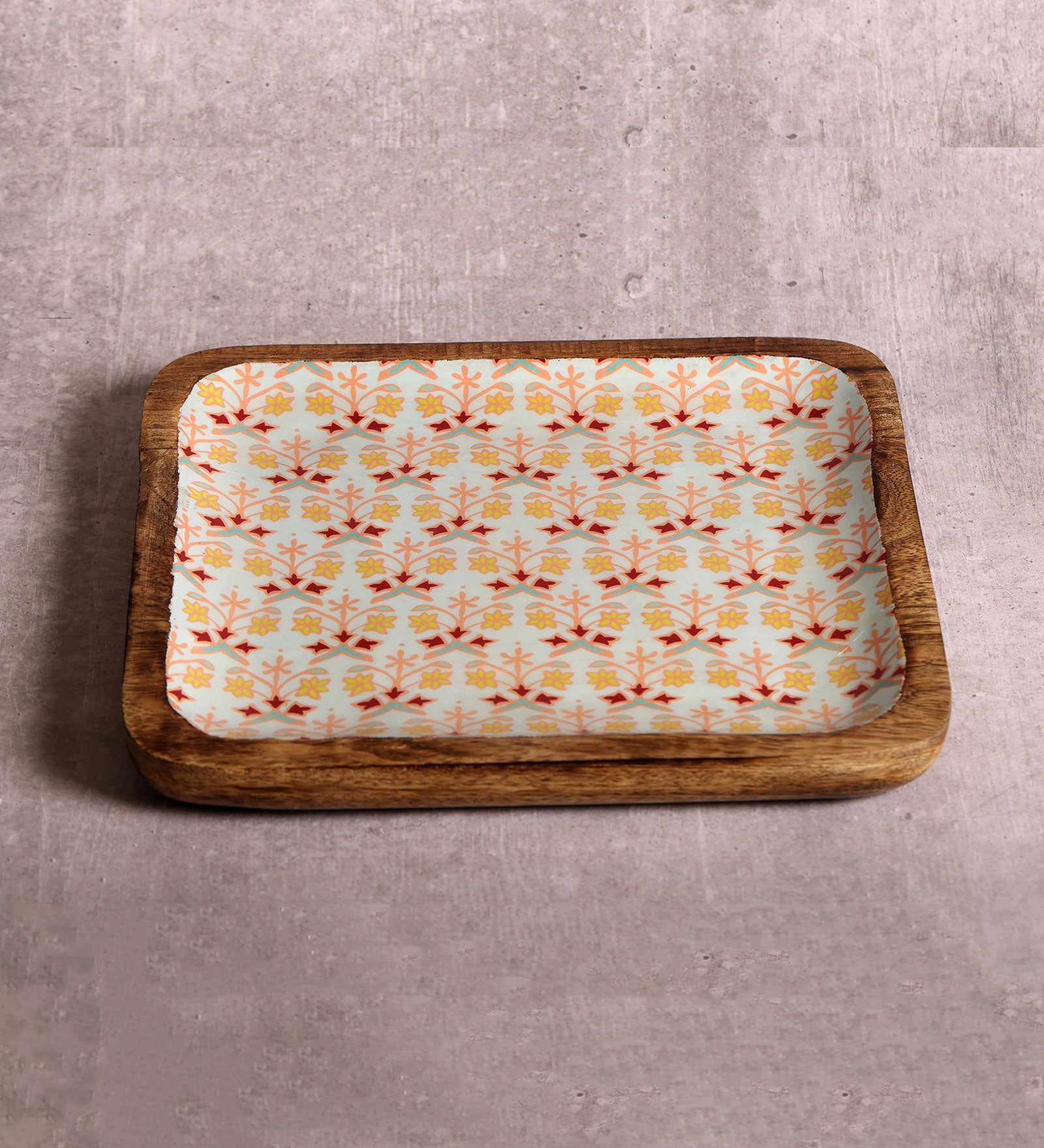 Artistic Florals Square Mango Wood Platter With Enamel Finish - 10 x 10 inches | Peacoy