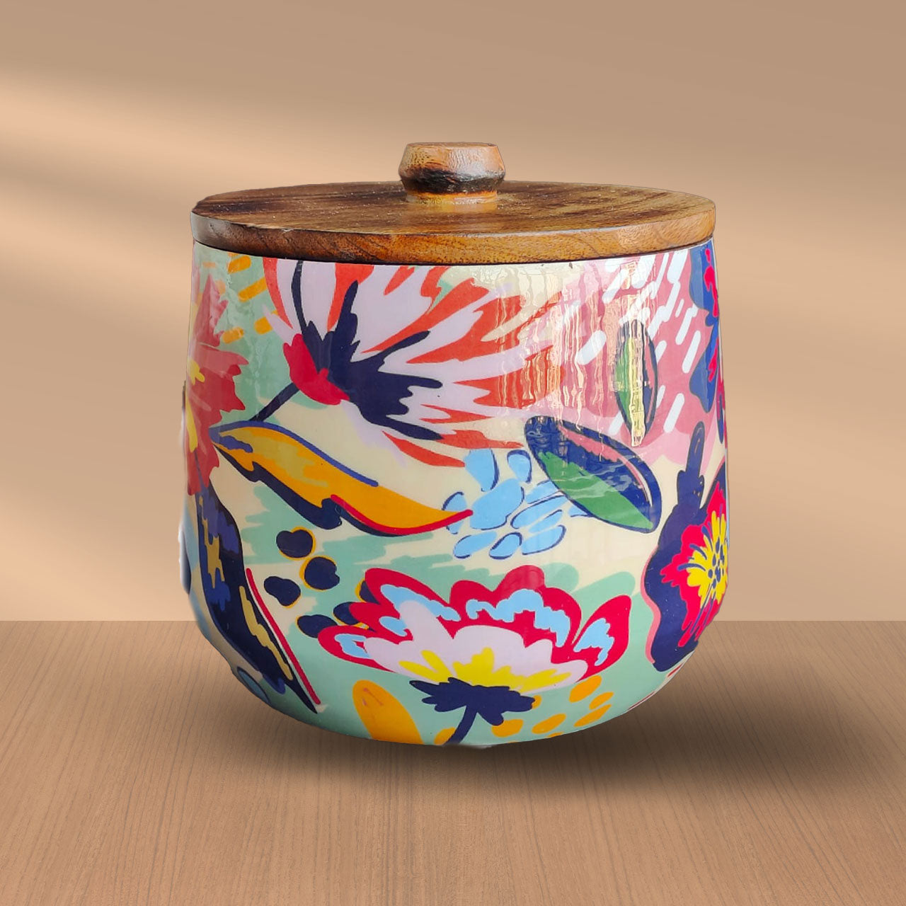 Abstract Floral Mango Wood Airtight Canister | Storage Jar