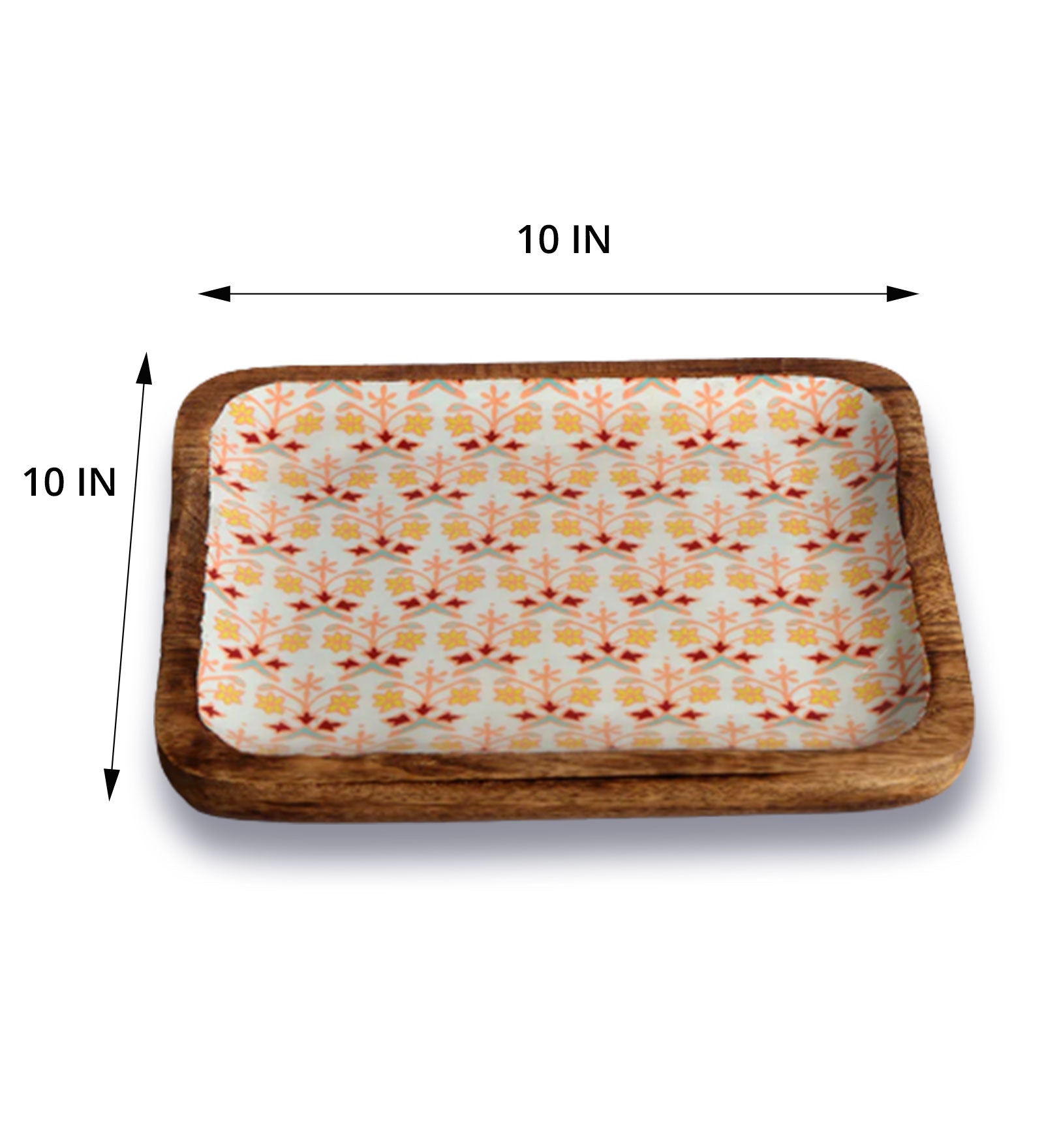Artistic Florals Square Mango Wood Platter With Enamel Finish - 10 x 10 inches | Peacoy
