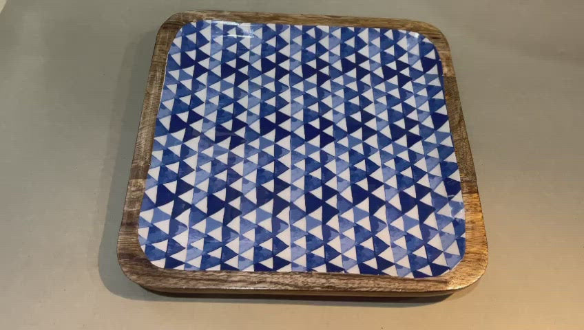 Triangle Maze Blue Square Mango Wood Platter With Enamel Finish - 10 x 10 inches | Peacoy